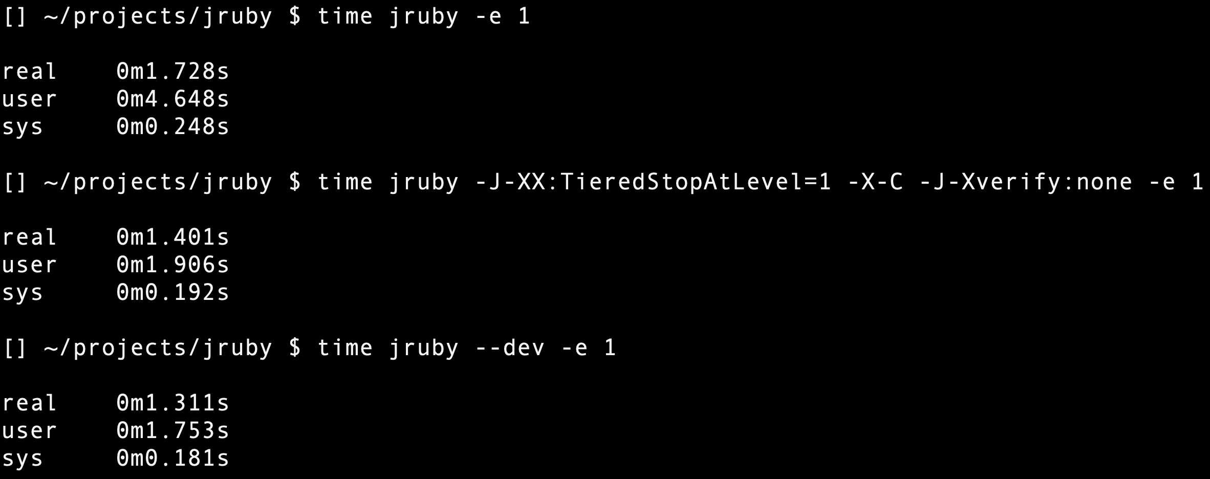 jruby --dev -e 1